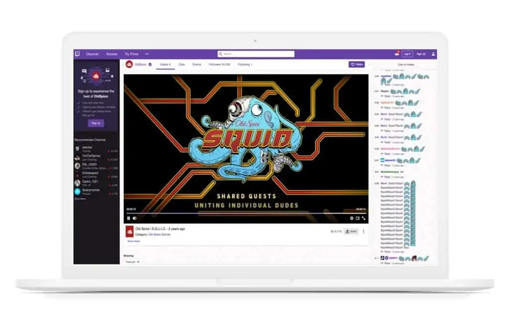 a white laptop displaying a video on twitch tv with the blue and robotic old spice squid.