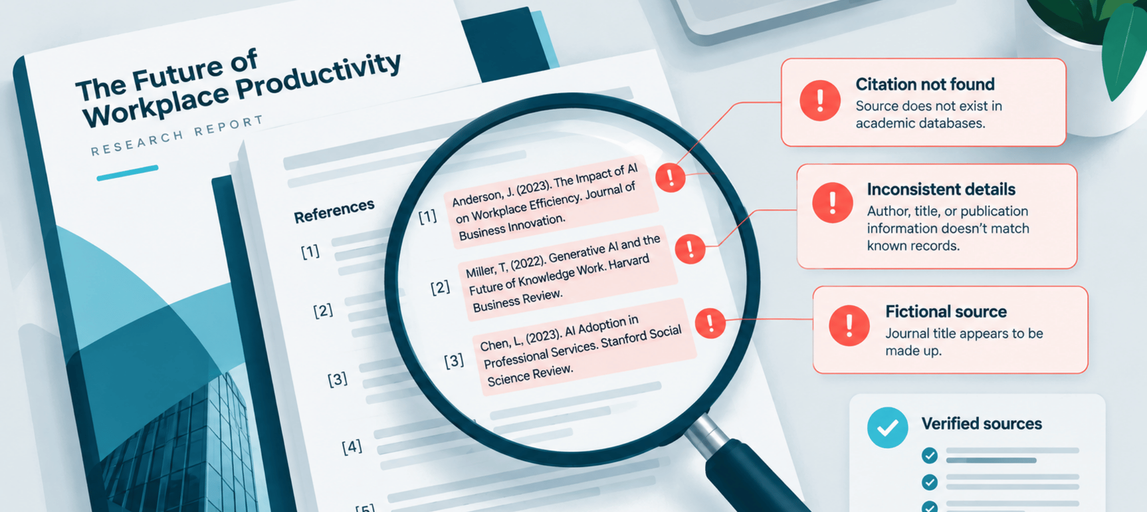 Magnifying glass over a document highlighting fact checking issues with the text