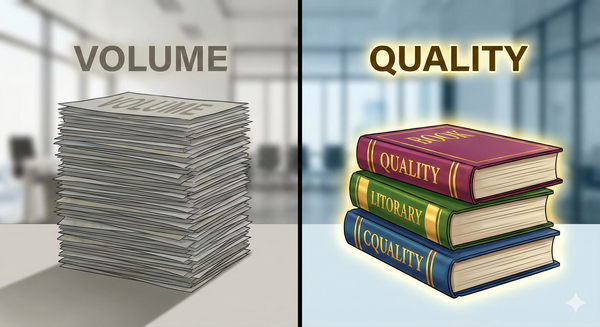 STacks of pages and books showing that Quality Content Wins over low quality quantity 