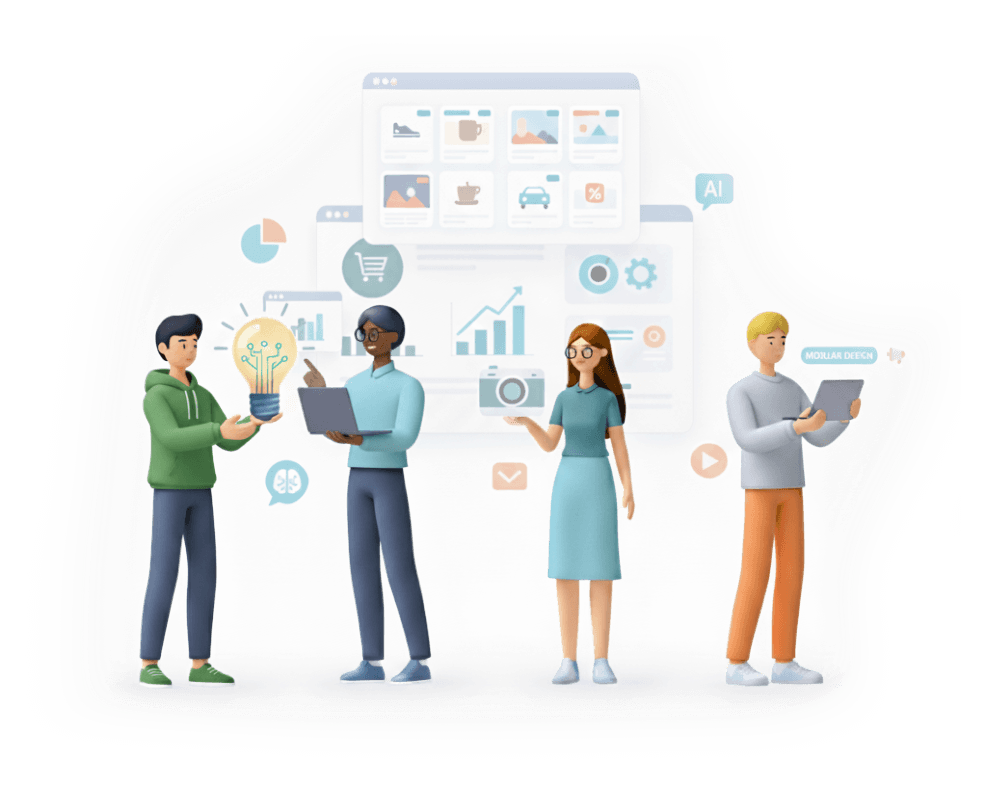 Team collaborating with AI-driven tools, representing Ventas AI’s performance marketing process