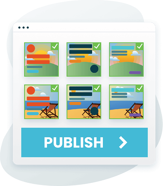 Illustration of multiple ad variations being published, representing the Ventas AI ad launch and live testing phase.