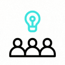 icon of multiple people having an idea via a lightbulb above their heads