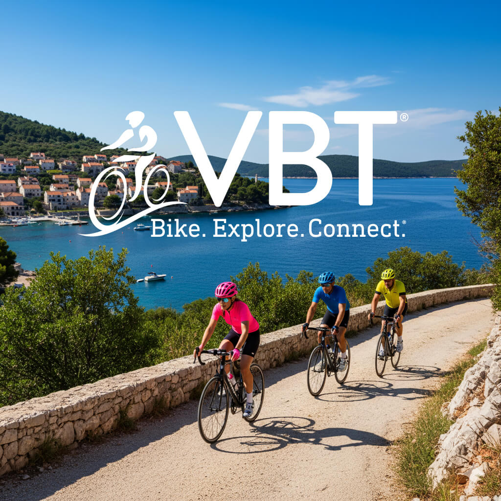 VBT Catalog Cover with people riding bikes on a seaside path.