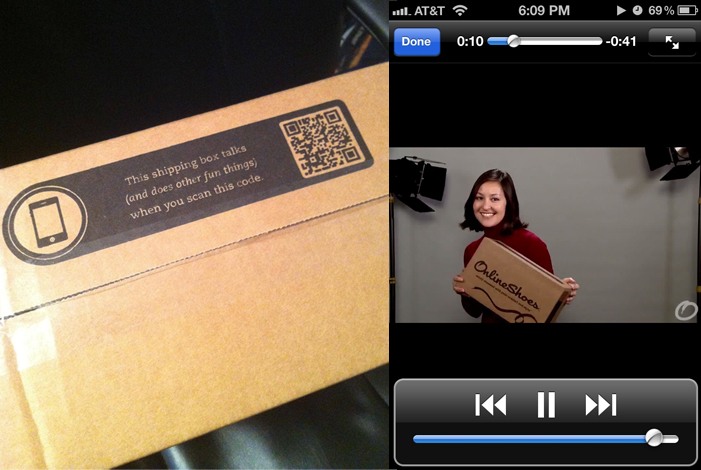 online shoes box with a qr code and on the side a video of a smiling girl holding the box