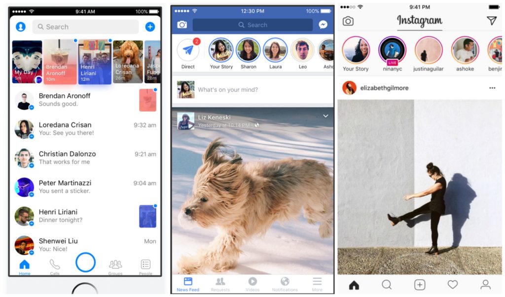 Messenger, Facebook and Instagram all feature a Stories function. (Image via Recode)