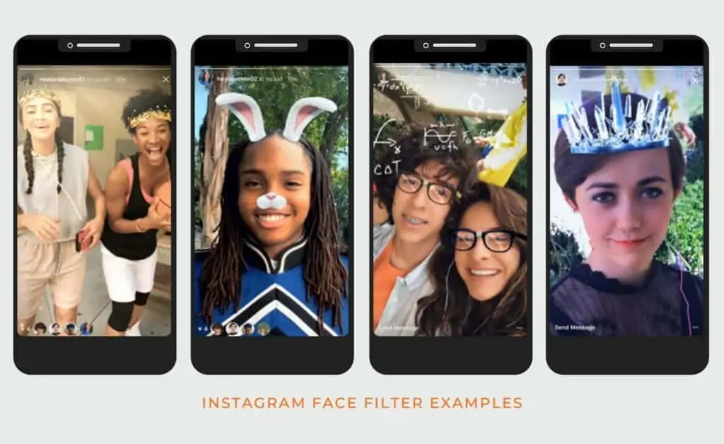 mobile phone displaying people using Instagram face filters.