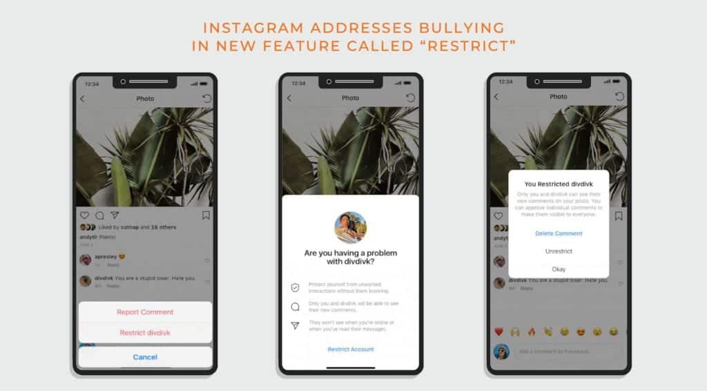 three phone screen showing how to report bullying on Instagram.