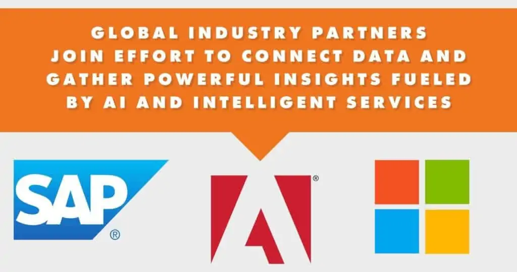 a banner about global industry partners with SAP, Adobe and Microsoft logo