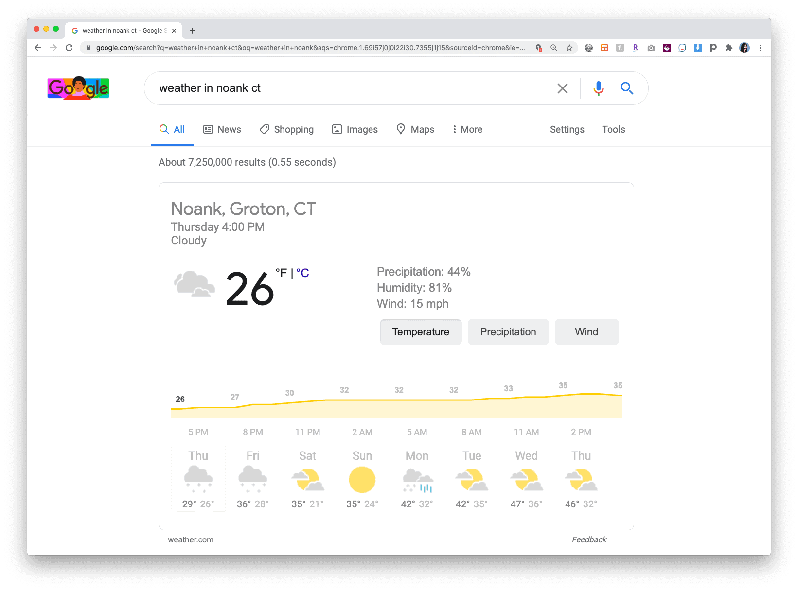 a view of Google search showing the results of the weather in Noank, CT